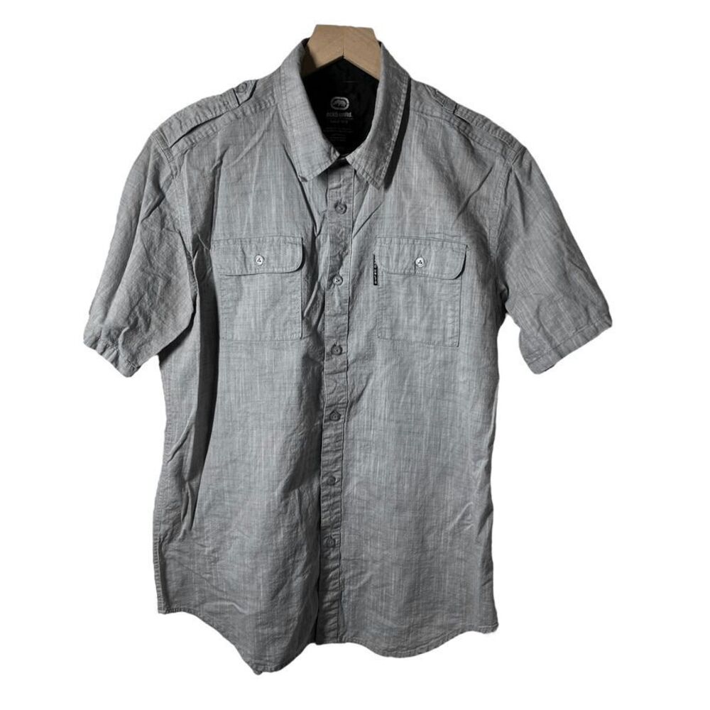 Ecko Unltd Mens Shirt Size L Gray Chambray Short Sleeve Button-Up Casual Utility